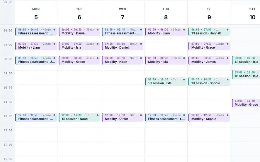 A personal trainer's week in the Zetdo calendar, with colour-coded sessions