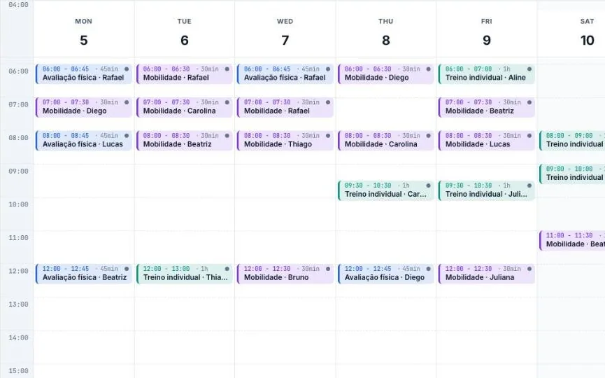 Semana de um personal trainer na agenda do Zetdo, com treinos coloridos por tipo