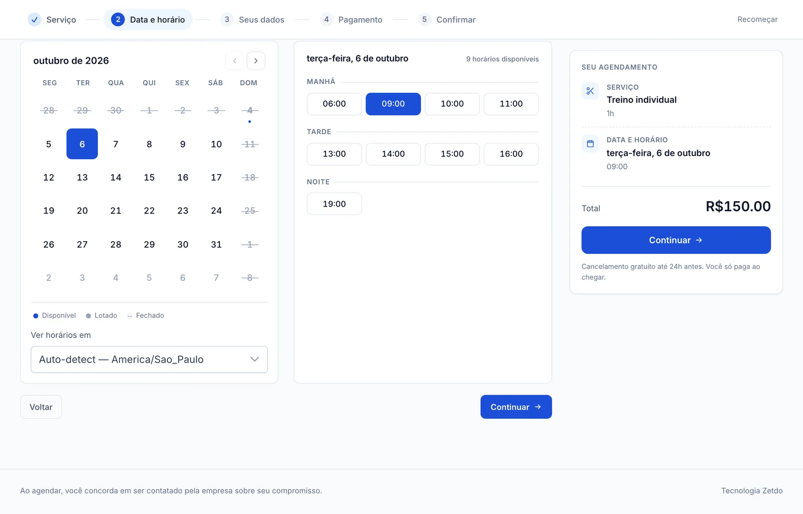 Página de agendamento de um personal trainer na etapa de data e horário, com terça às 09:00 selecionado