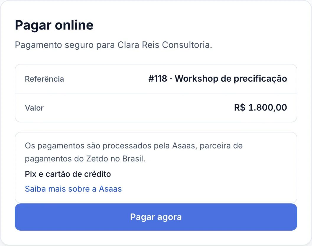 Página de pagamento de uma consultora para um workshop de precificação, com o valor e o botão Pagar agora
